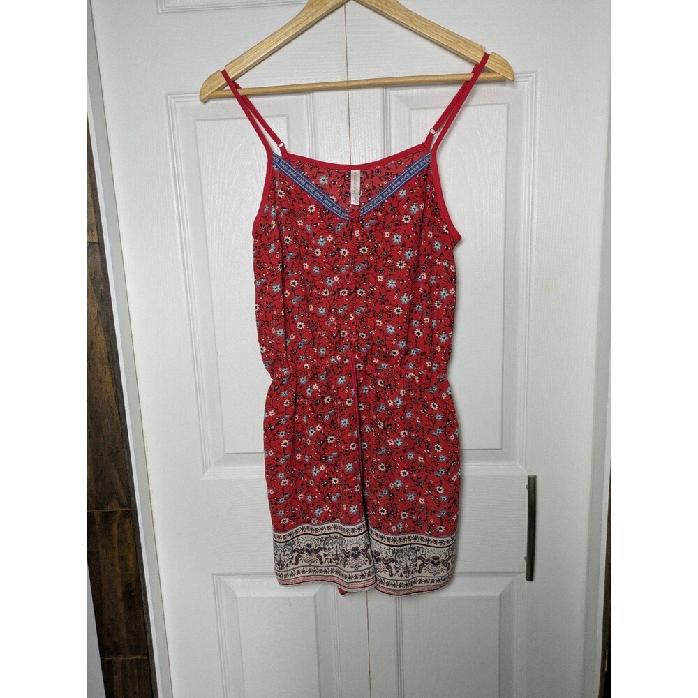 Xhilaration Boho Floral Print Romper With Pockets- Red/Multicolor - Size M